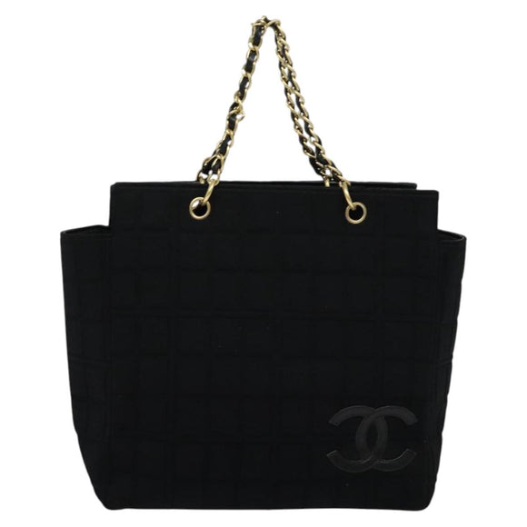 CHANEL Chain Tote Bag Cotton Black Gold CC Auth 122490