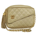 CHANEL Matelasse Chain Shoulder Bag Satin Beige Gold CC Auth 122544-1