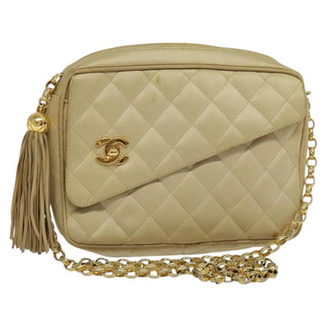 CHANEL Matelasse Chain Shoulder Bag Satin Beige Gold CC Auth 122544