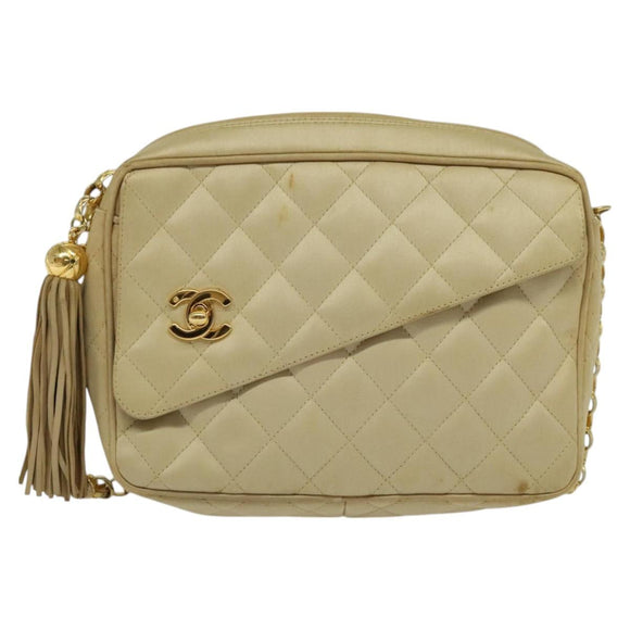 CHANEL Matelasse Chain Shoulder Bag Satin Beige Gold CC Auth 122544