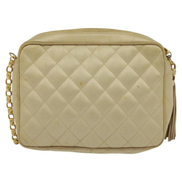 CHANEL Matelasse Chain Shoulder Bag Satin Beige Gold CC Auth 122544