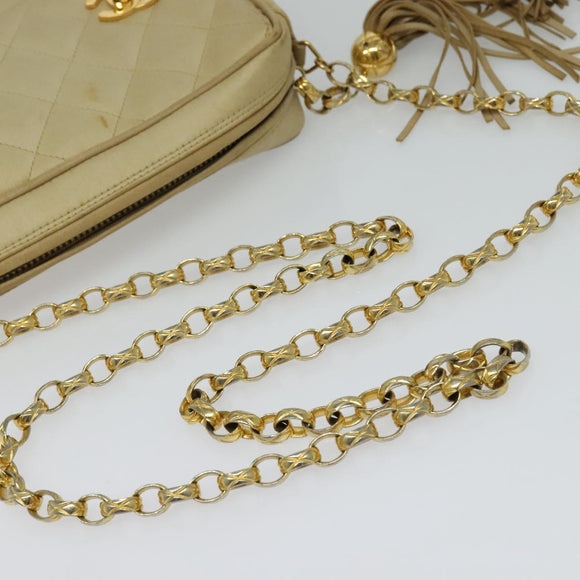 CHANEL Matelasse Chain Shoulder Bag Satin Beige Gold CC Auth 122544