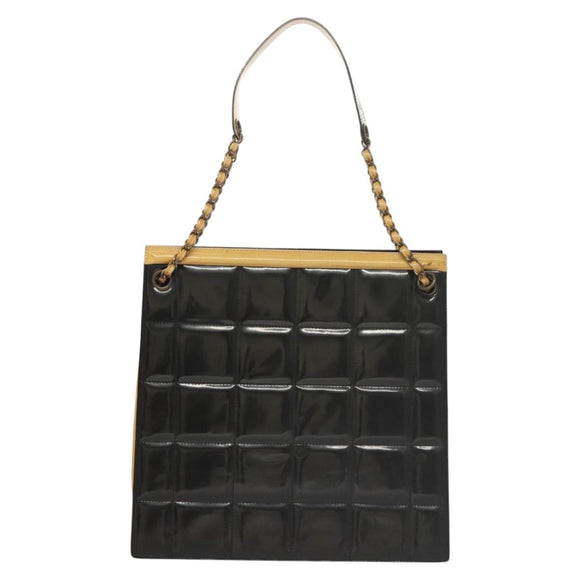CHANEL Choco Bar Chain Shoulder Bag Patent leather Black CC Auth 122608