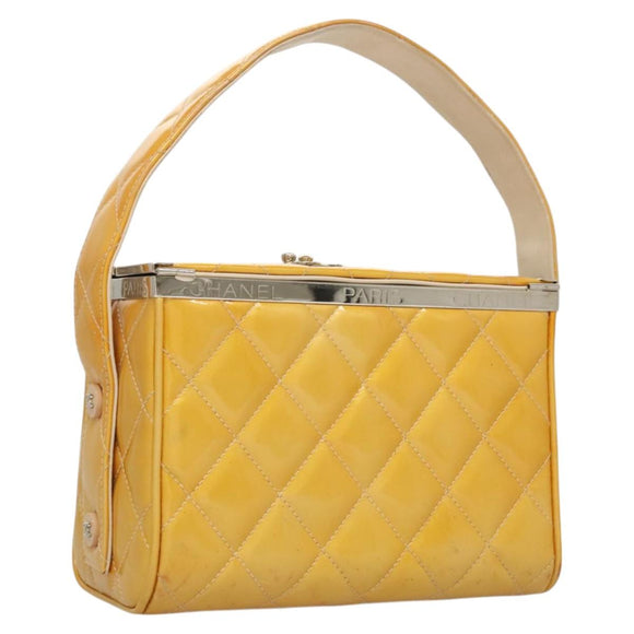 CHANEL Matelasse Hand Bag Patent leather Yellow Silver CC Auth 122609