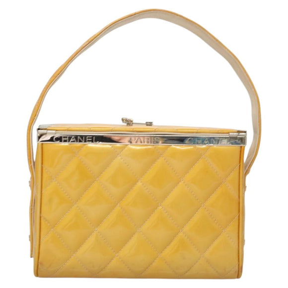 CHANEL Matelasse Hand Bag Patent leather Yellow Silver CC Auth 122609