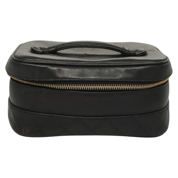 CHANEL Vanity Pouch Leather Black Gold CC Auth 122610