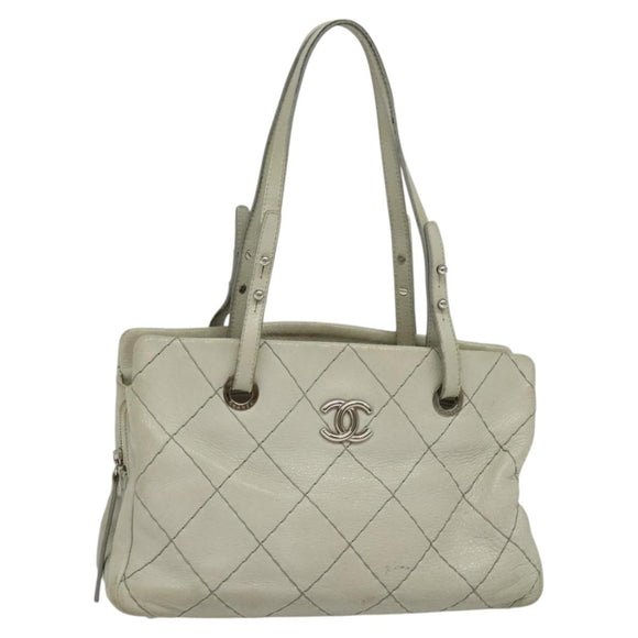 CHANEL Wild Stitch Shoulder Bag Leather Ivory Silver CC Auth 122688