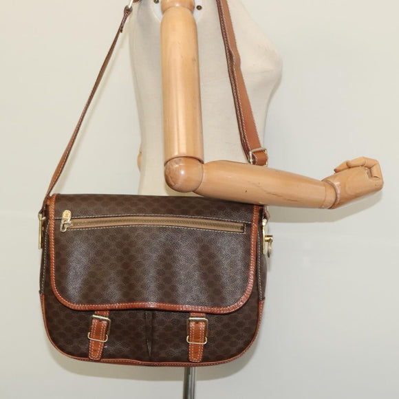 CELINE Macadam Canvas Shoulder Bag PVC Leather Brown Gold Auth 122776