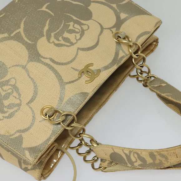 CHANEL Camelia Chain Tote Bag Straw Beige CC Auth 122907