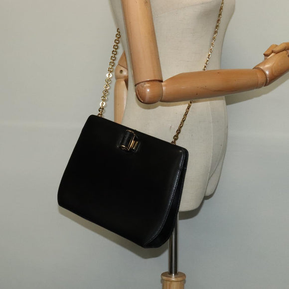 Salvatore Ferragamo Chain Shoulder Bag Leather Black Gold Auth 122921