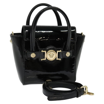 VERSACE Hand Bag Patent leather 2way Black Gold Auth 122926
