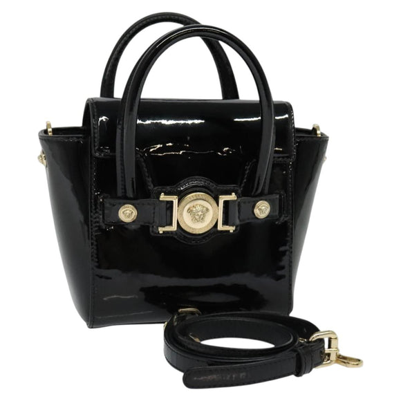 VERSACE Hand Bag Patent leather 2way Black Gold Auth 122926