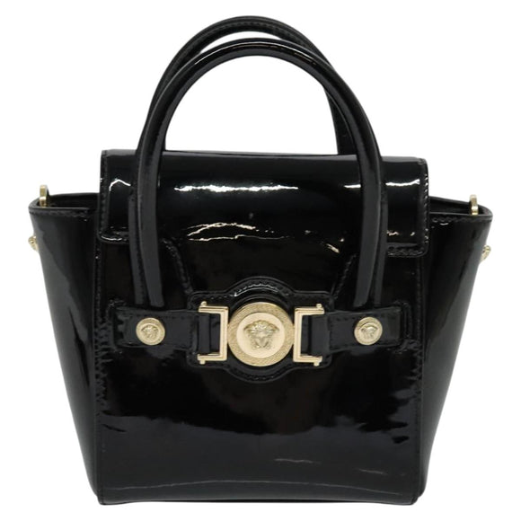 VERSACE Hand Bag Patent leather 2way Black Gold Auth 122926