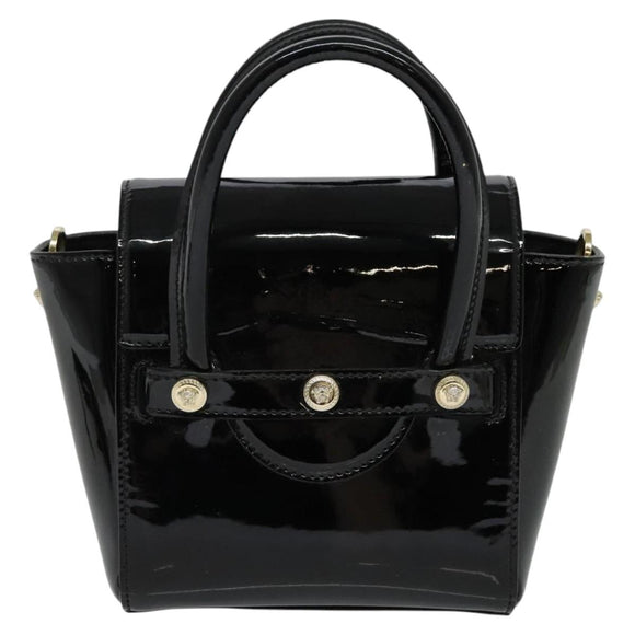 VERSACE Hand Bag Patent leather 2way Black Gold Auth 122926