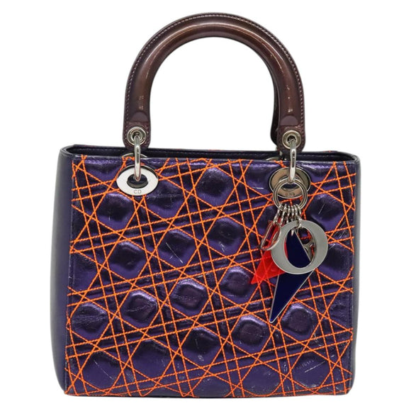 Christian Dior Lady Dior Canage Hand Bag Leather 2way Purple Silver Auth 122927