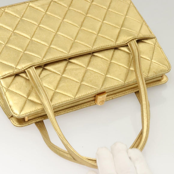 CHANEL Matelasse Hand Bag Lamb Skin Gold Tone CC Auth 122943