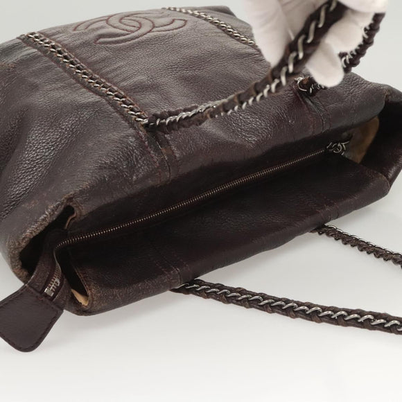 CHANEL COCO Mark Chain Tote Bag Leather Dark Brown CC Auth 122961