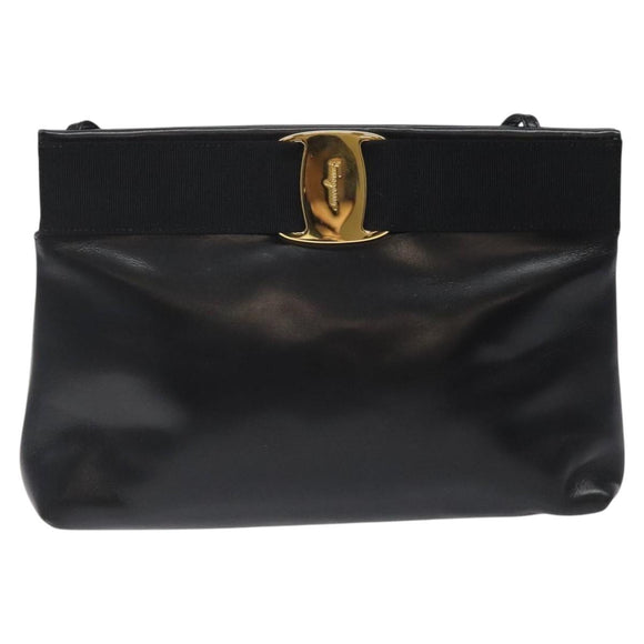 Salvatore Ferragamo Shoulder Bag Leather Black Gold Auth 122966