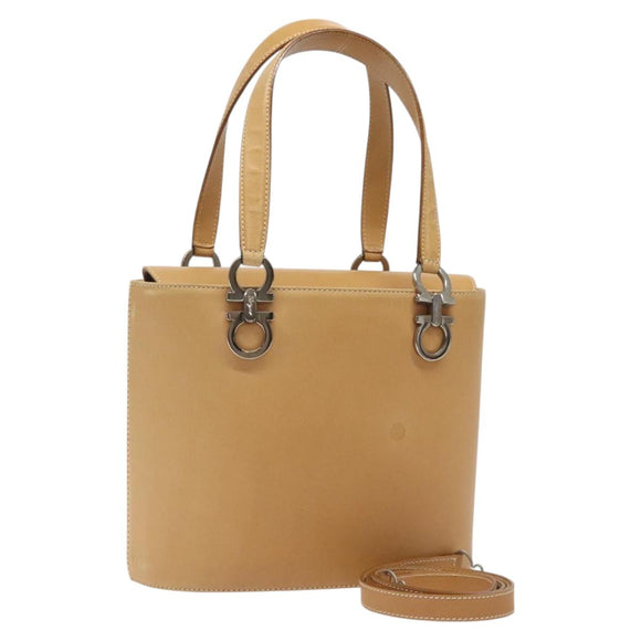 Salvatore Ferragamo Gancini Hand Bag Leather 2way Beige Silver Auth 122976