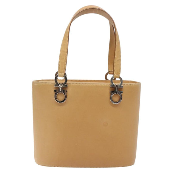 Salvatore Ferragamo Gancini Hand Bag Leather 2way Beige Silver Auth 122976