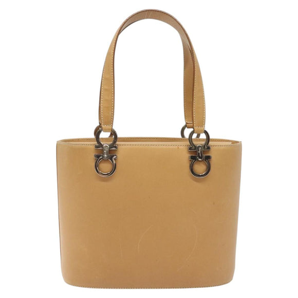 Salvatore Ferragamo Gancini Hand Bag Leather 2way Beige Silver Auth 122976