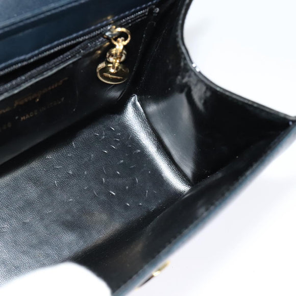 Salvatore Ferragamo Chain Shoulder Bag Leather Navy Gold Auth 123015