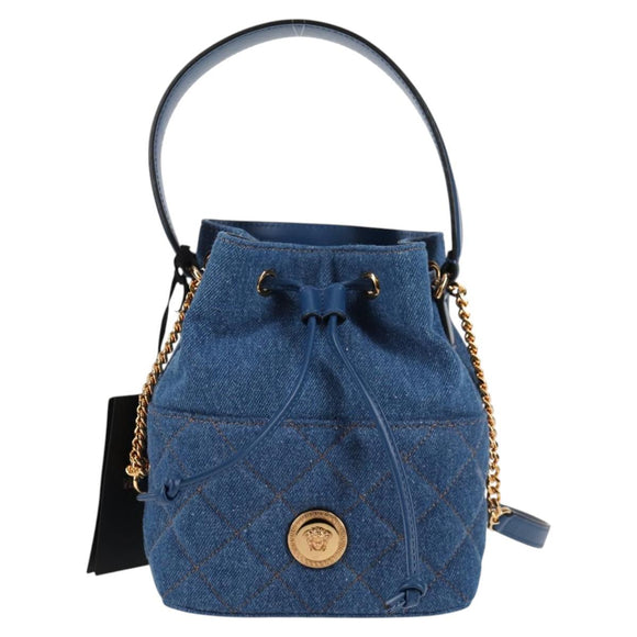 VERSACE Hand Bag Denim 2way Blue Gold Auth 123019A