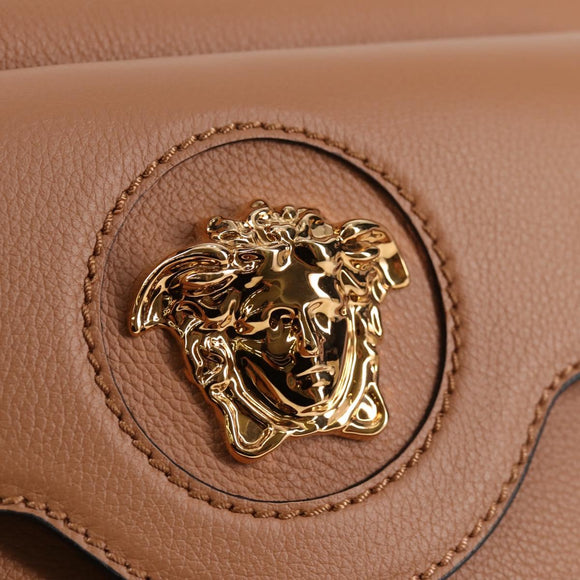 VERSACE Shoulder Bag Leather Beige Gold Auth 123020A
