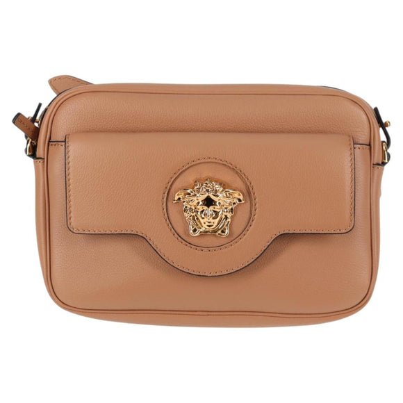 VERSACE Shoulder Bag Leather Beige Gold Auth 123020A