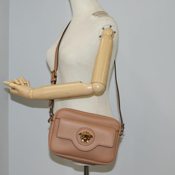 VERSACE Shoulder Bag Leather Beige Gold Auth 123020A