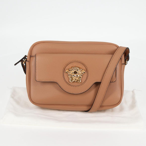 VERSACE Shoulder Bag Leather Beige Gold Auth 123020A