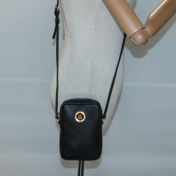 VERSACE Shoulder Bag Leather Black Gold Auth 123021