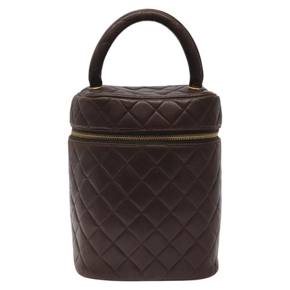 CHANEL Matelasse COCO Mark Vanity Pouch Lamb Skin Dark Brown CC Auth 123070