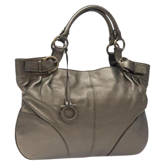 Salvatore Ferragamo Gancini Tote Bag Leather Silver Auth 123071
