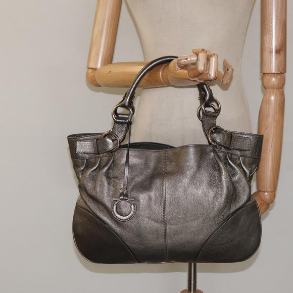 Salvatore Ferragamo Gancini Tote Bag Leather Silver Auth 123071