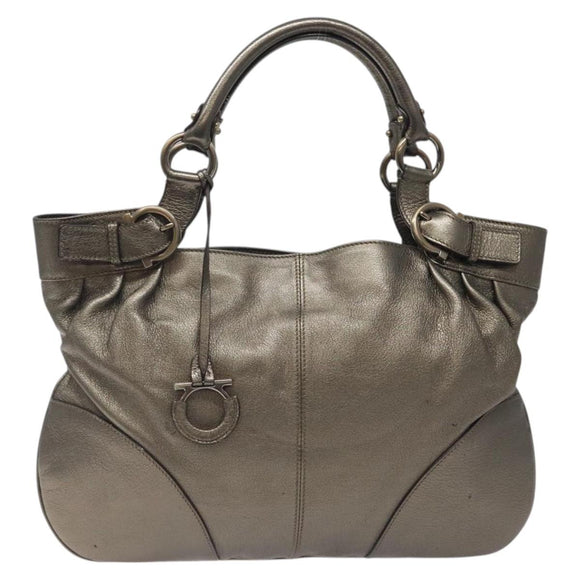 Salvatore Ferragamo Gancini Tote Bag Leather Silver Auth 123071