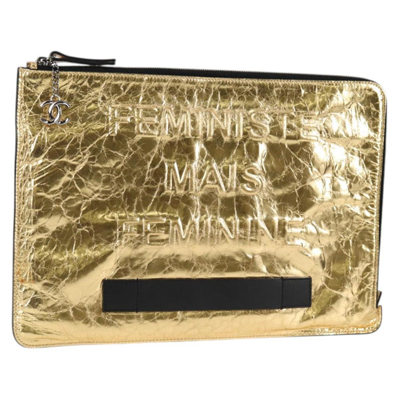 CHANEL Clutch Bag Leather Gold CC Auth 123083V
