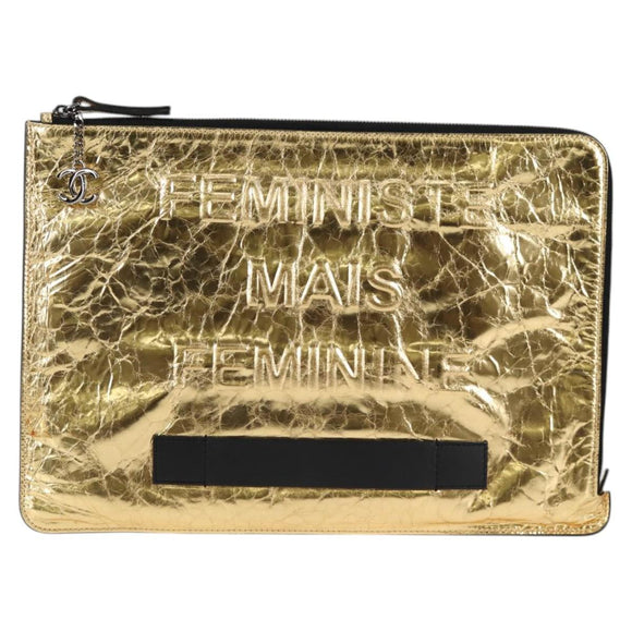 CHANEL Clutch Bag Leather Gold CC Auth 123083V