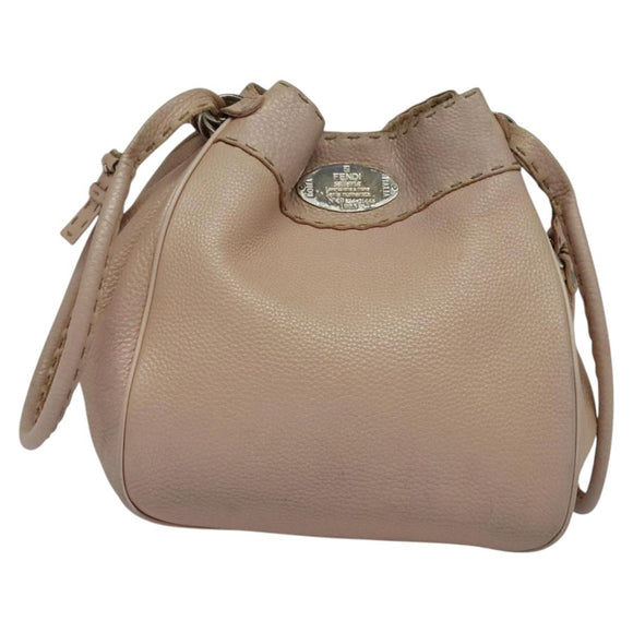 FENDI Celeria Shoulder Bag Leather Beige Silver Auth 123101