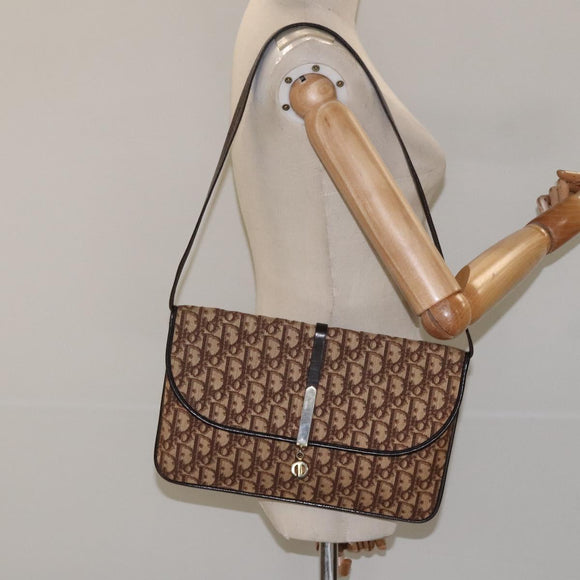 Christian Dior Trotter Canvas Shoulder Bag Brown Gold Auth 123133