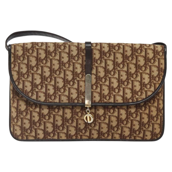 Christian Dior Trotter Canvas Shoulder Bag Brown Gold Auth 123133