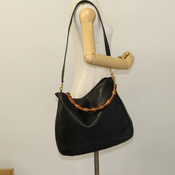 GUCCI Bamboo Shoulder Bag Leather 2way Black Gold 001 1014 1577 0 Auth 123171
