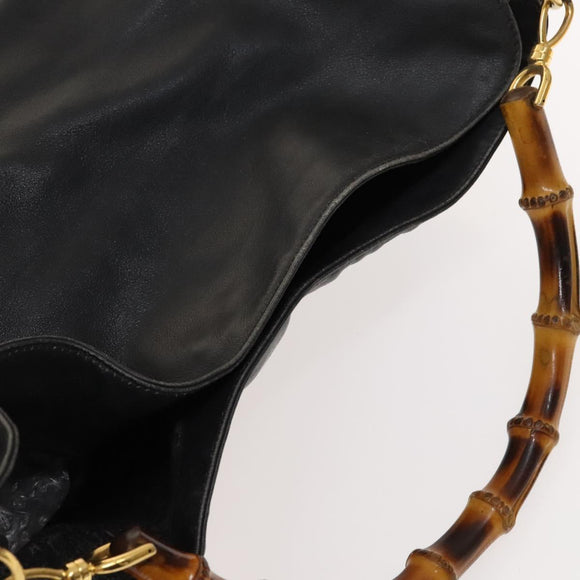 GUCCI Bamboo Shoulder Bag Leather 2way Black Gold 001 1014 1577 0 Auth 123171