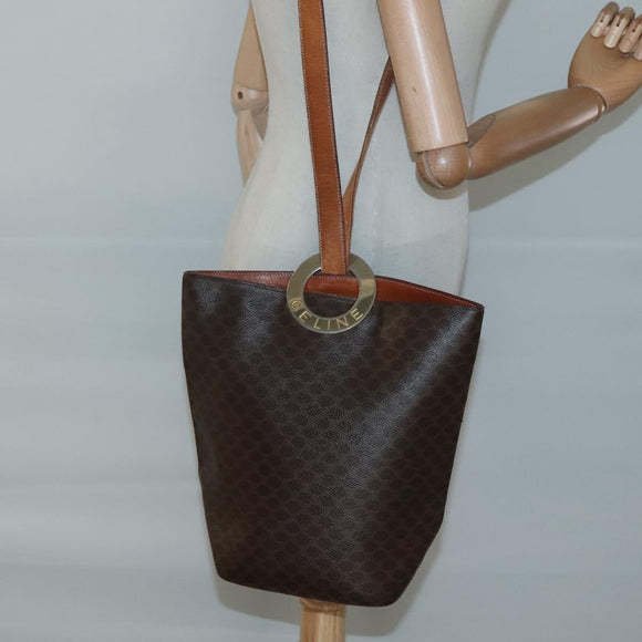 CELINE Macadam Canvas Schoudertas PVC Leer Bruin Goud Auth 123185