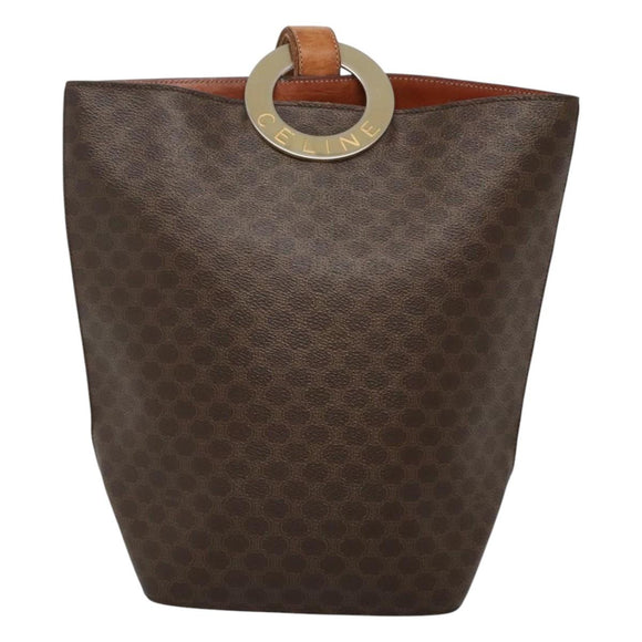 CELINE Macadam Canvas Schoudertas PVC Leer Bruin Goud Auth 123185