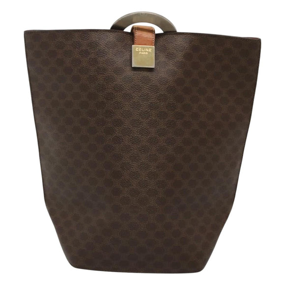 CELINE Macadam Canvas Schoudertas PVC Leer Bruin Goud Auth 123185