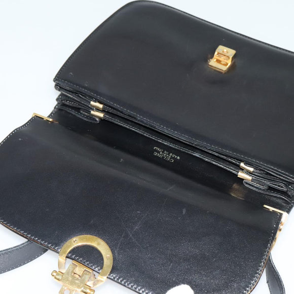 CELINE Shoulder Bag Leather Black Gold Auth 123216