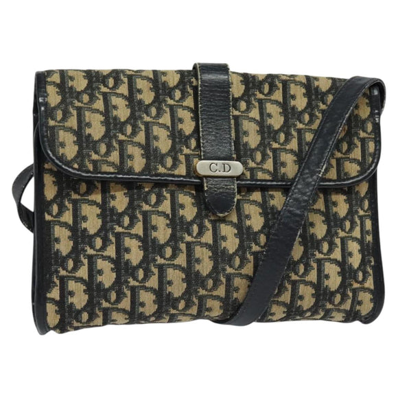 Christian Dior Trotter Canvas Shoulder Bag Navy Gold Auth 123224