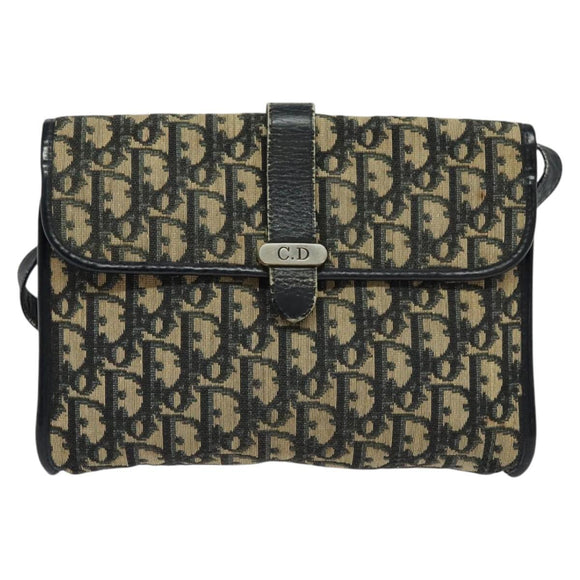 Christian Dior Trotter Canvas Shoulder Bag Navy Gold Auth 123224