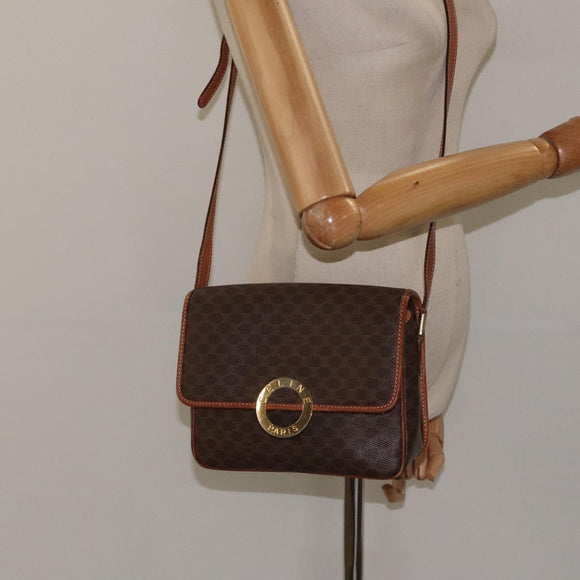 CELINE Macadam Canvas Circle Shoulder Bag PVC Leather Brown Gold Auth 123293